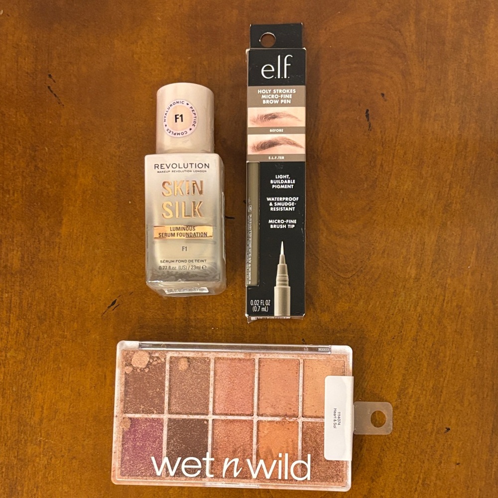 Revolution Skin Silk Serum Foundation - Light Beige, Brow Pen & Eye Shadow Set